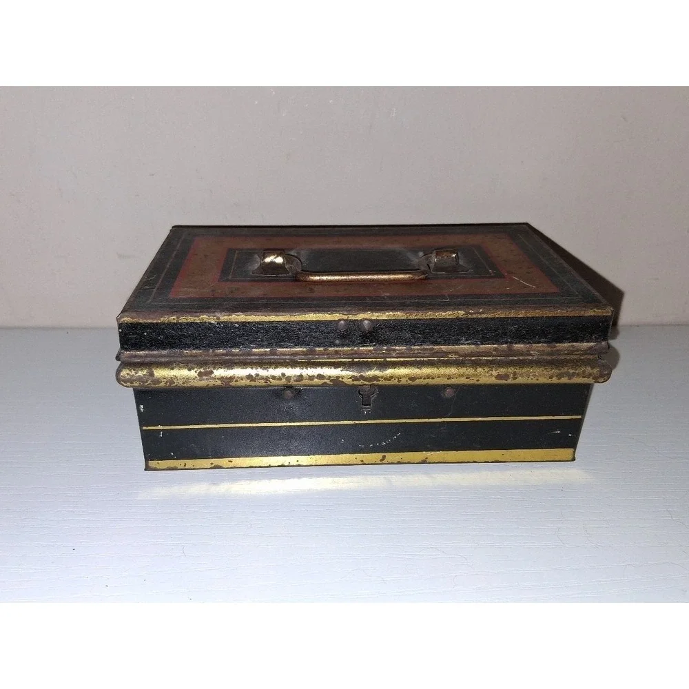 Vintage Antique English Made Tin Document Box Cash Box Black Gold Tole Style